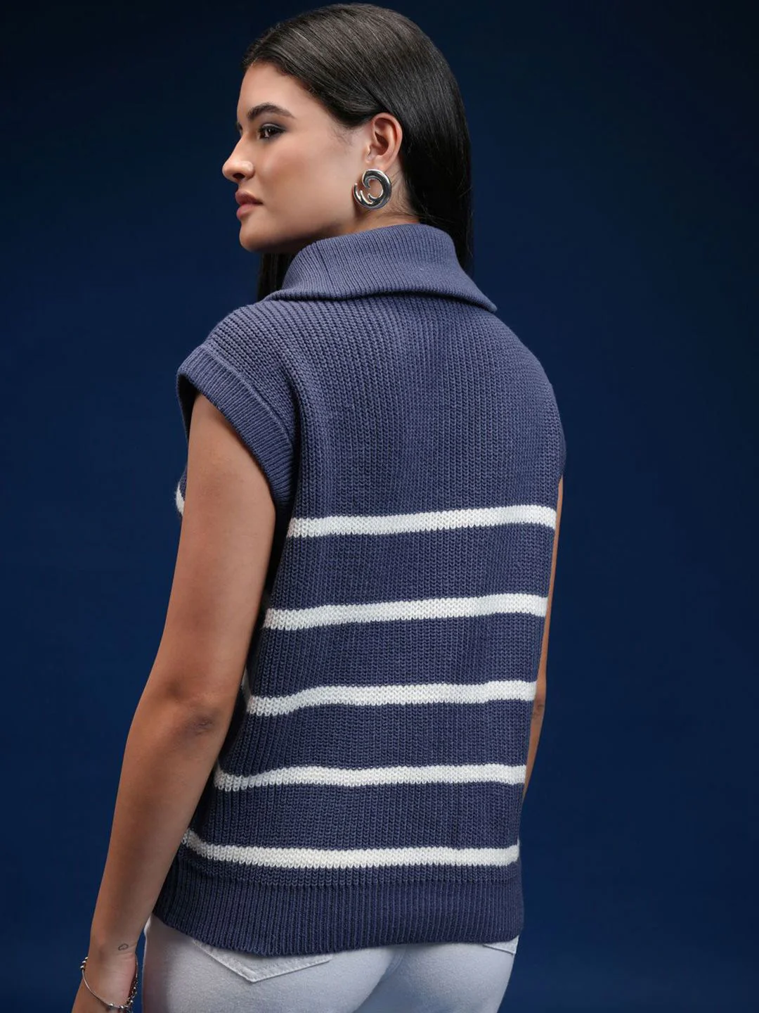 Tokyo Talkies Women Cable Knit Striped Sleeveless Pullover - Image 6