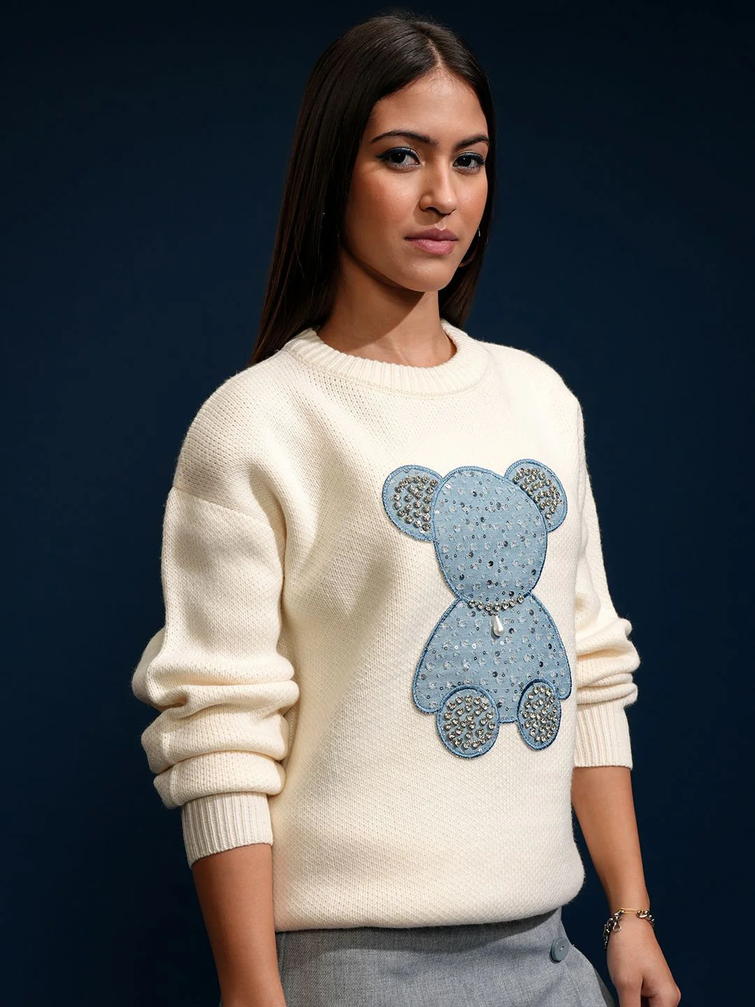 Tokyo Talkies Women Embellished Round Neck Sweater - Image 3