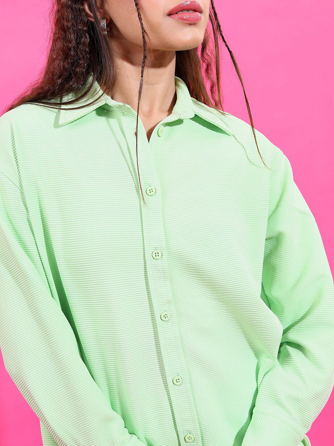 Tokyo Talkies Women Green Knitted Shirt With Shorts Set - Image 2