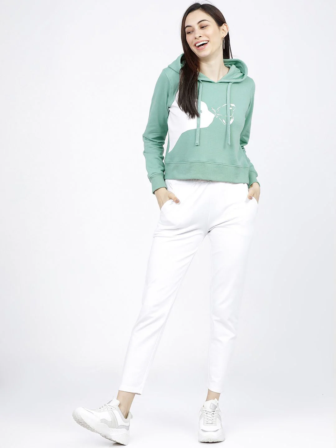 Tokyo Talkies Women Green & White Printed Hooded Sweatshirt - Image 6