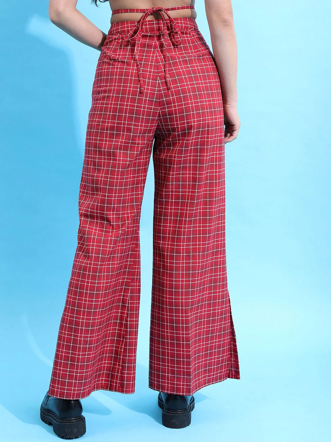 Tokyo Talkies Women Maroon Checked Flared Trousers - Image 5