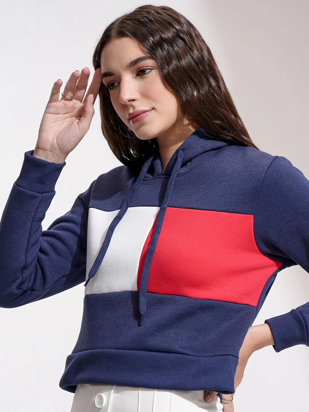 Tokyo Talkies Women Navy Blue & Red Colourblocked Hooded Sweatshirt - Image 6
