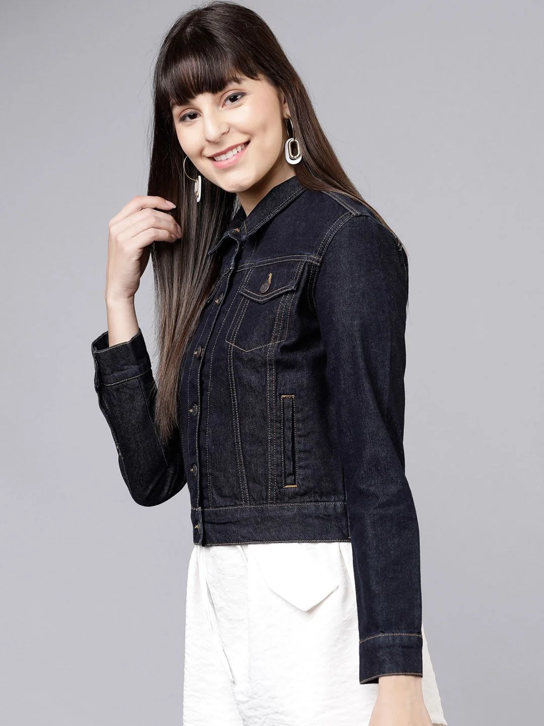 Tokyo Talkies Women Navy Blue Solid Denim Jacket - Image 5