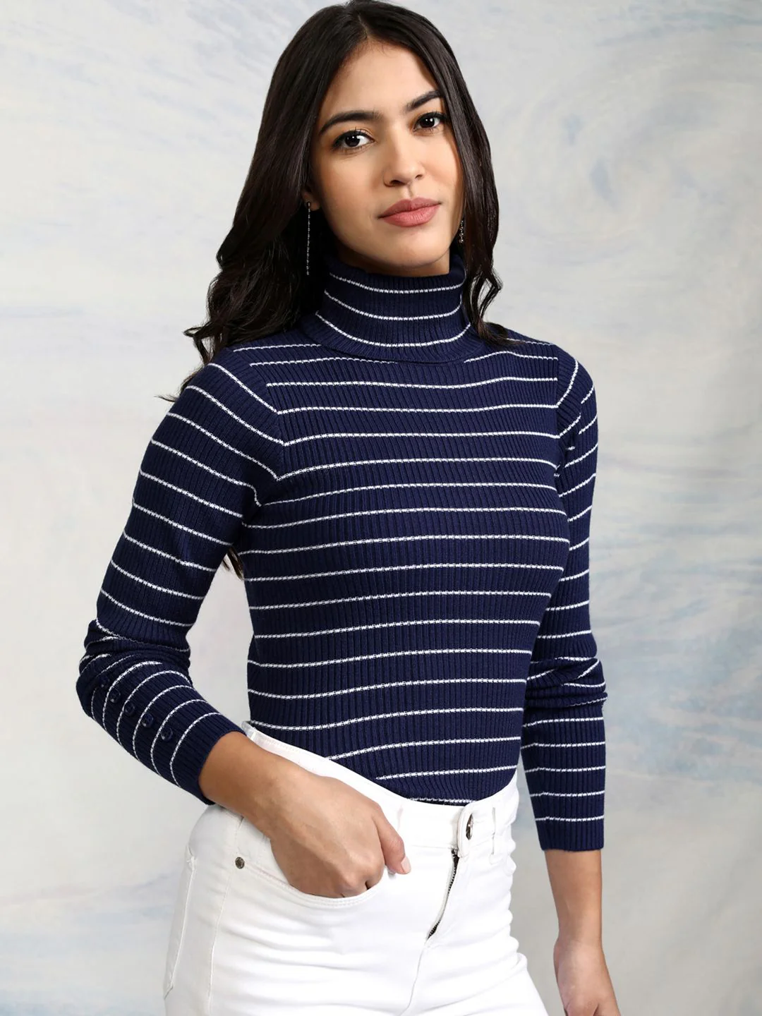 Tokyo Talkies Women Navy Blue & White Striped Acrylic Pullover - Image 5
