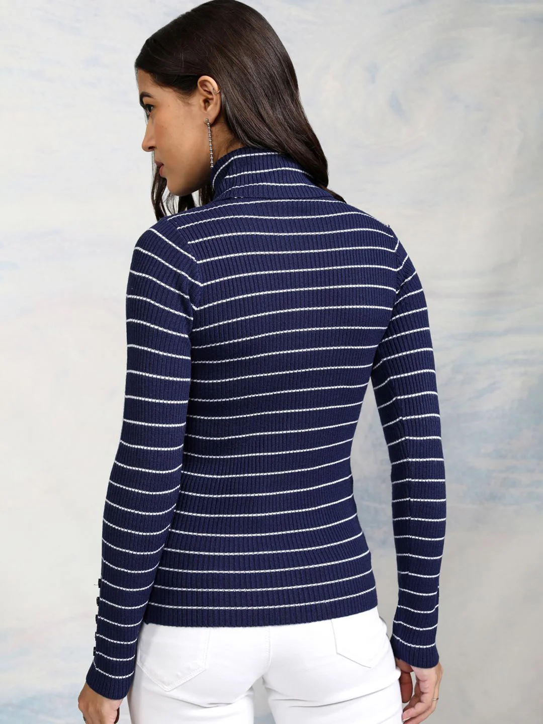 Tokyo Talkies Women Navy Blue & White Striped Acrylic Pullover - Image 6