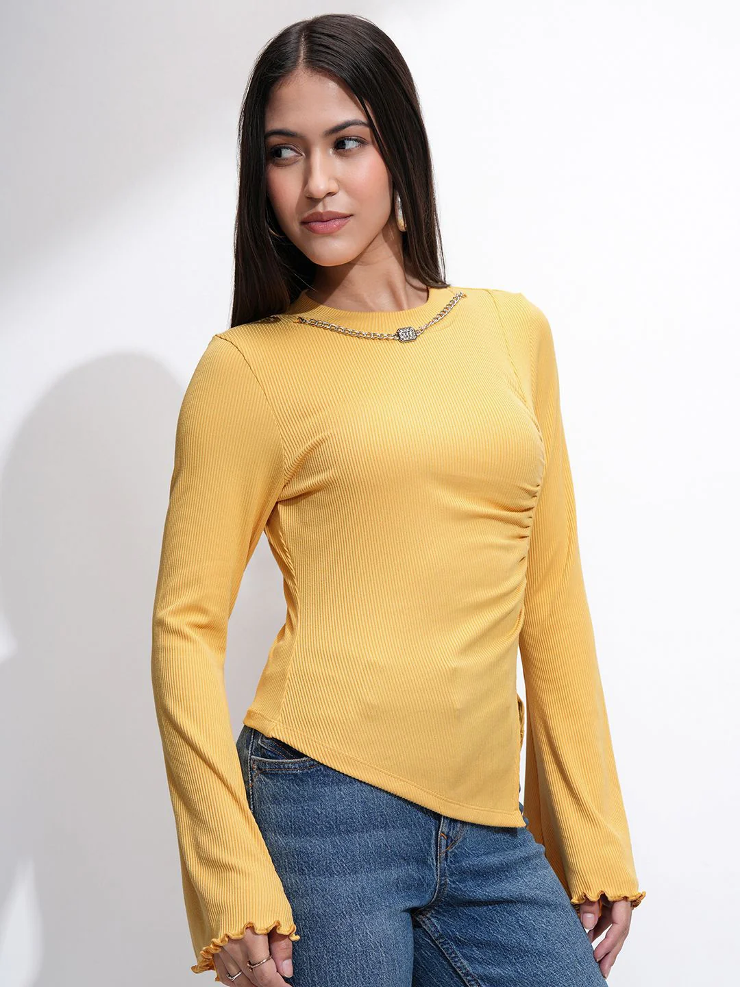Tokyo Talkies Women Ribbed Mock Neck Bell Sleeve Fitted Top - Image 2