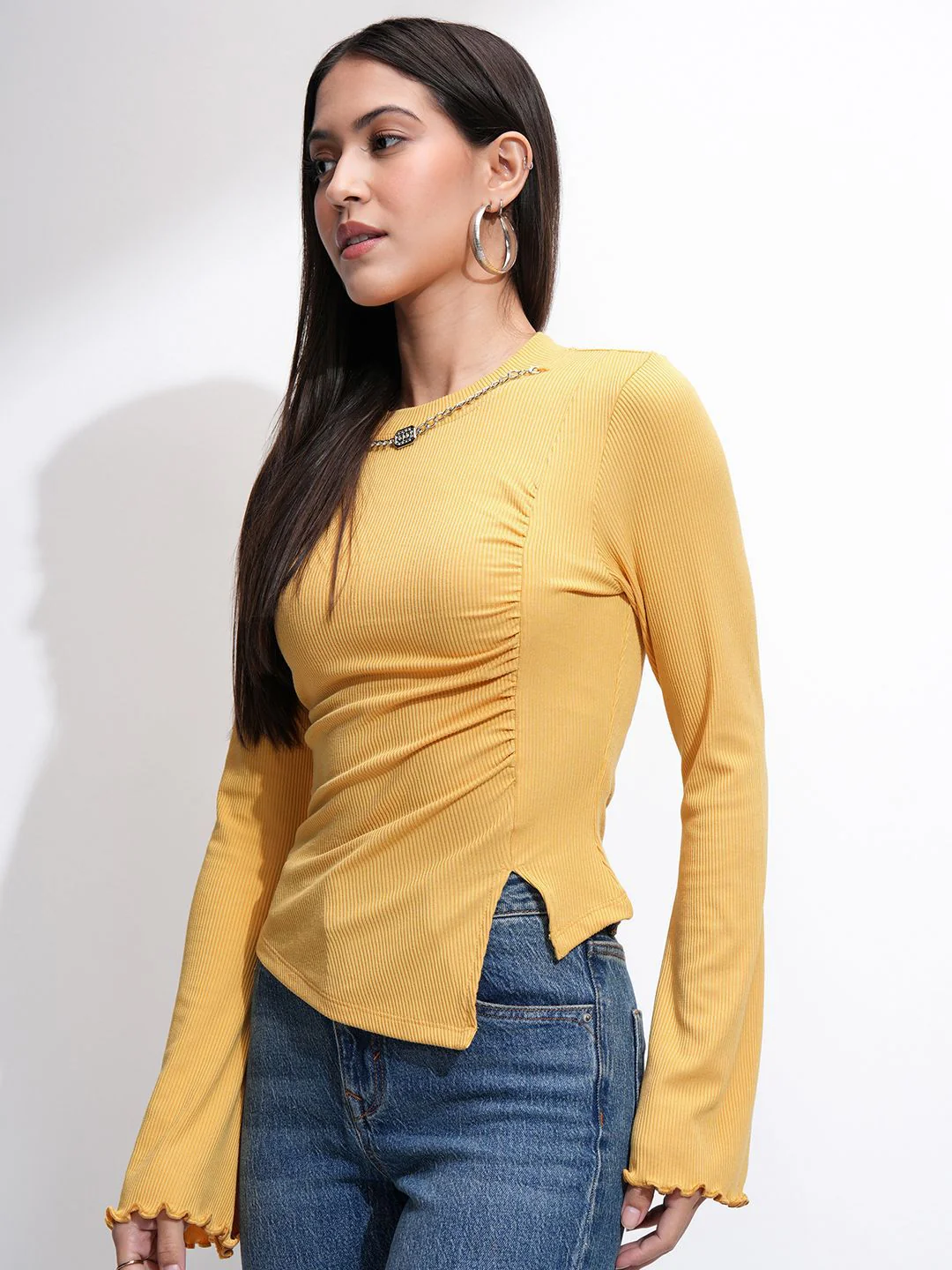 Tokyo Talkies Women Ribbed Mock Neck Bell Sleeve Fitted Top - Image 5