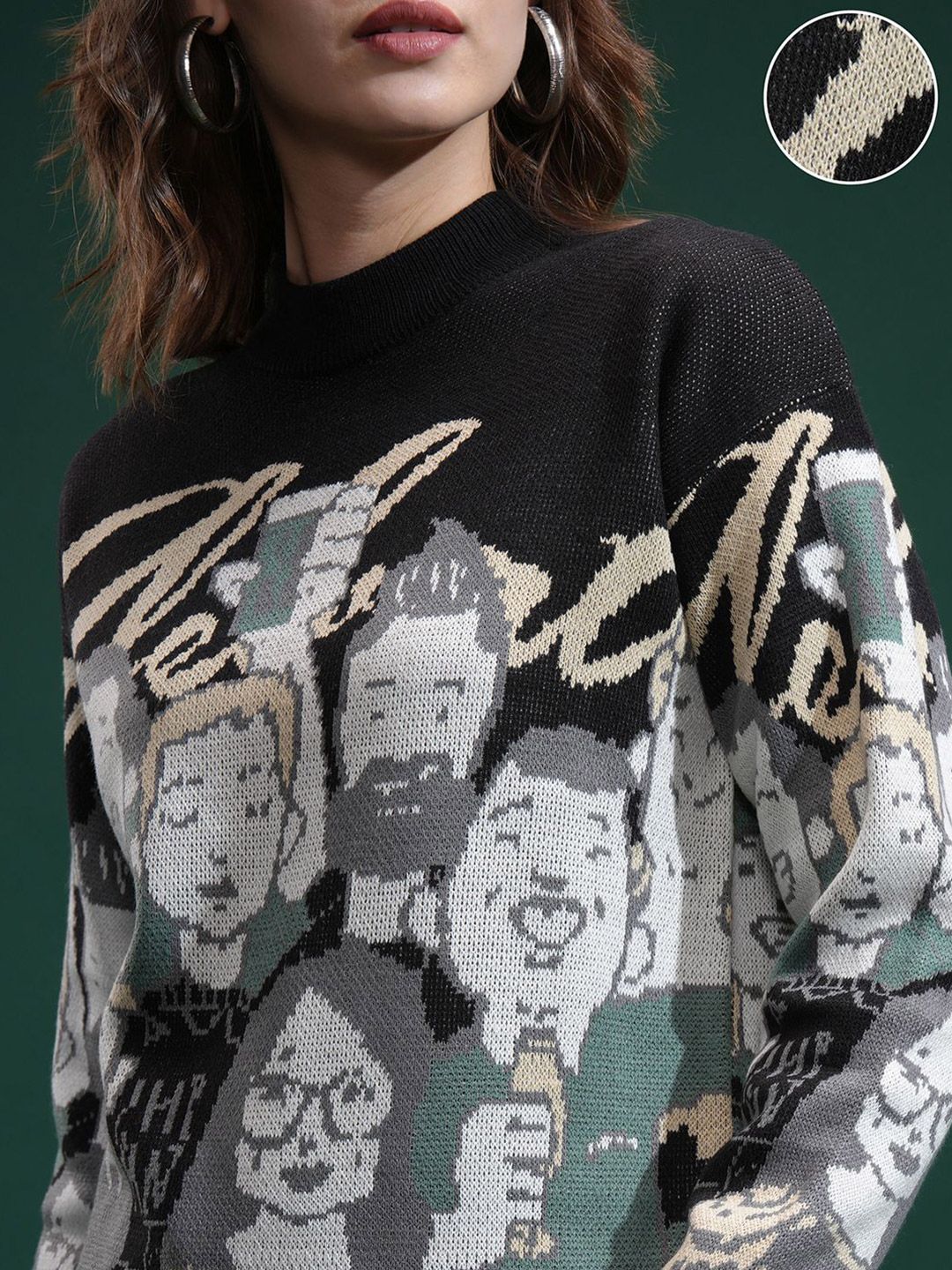 Tokyo Talkies Women Round Neck Self Design Printed Sweater - Image 3