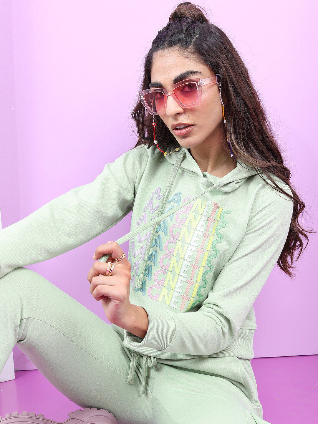 Tokyo Talkies Women Sea Green Printed Hooded Sweatshirt - Image 6