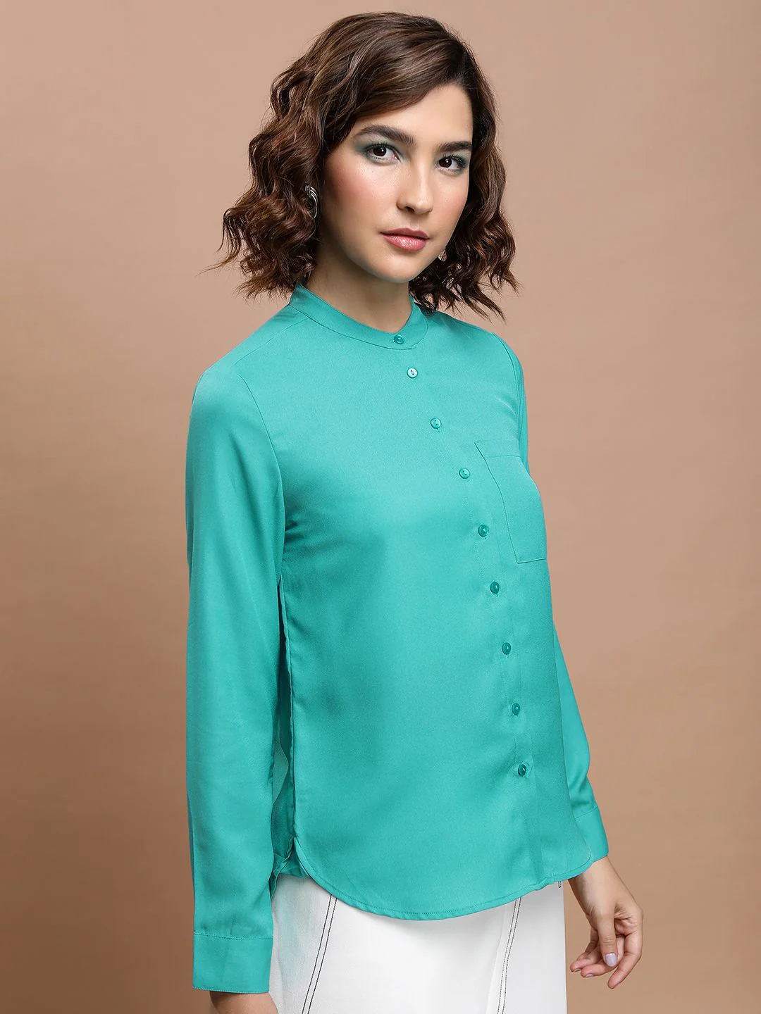 Tokyo Talkies Women Sea Solid Regular Fit Shirt - Image 3