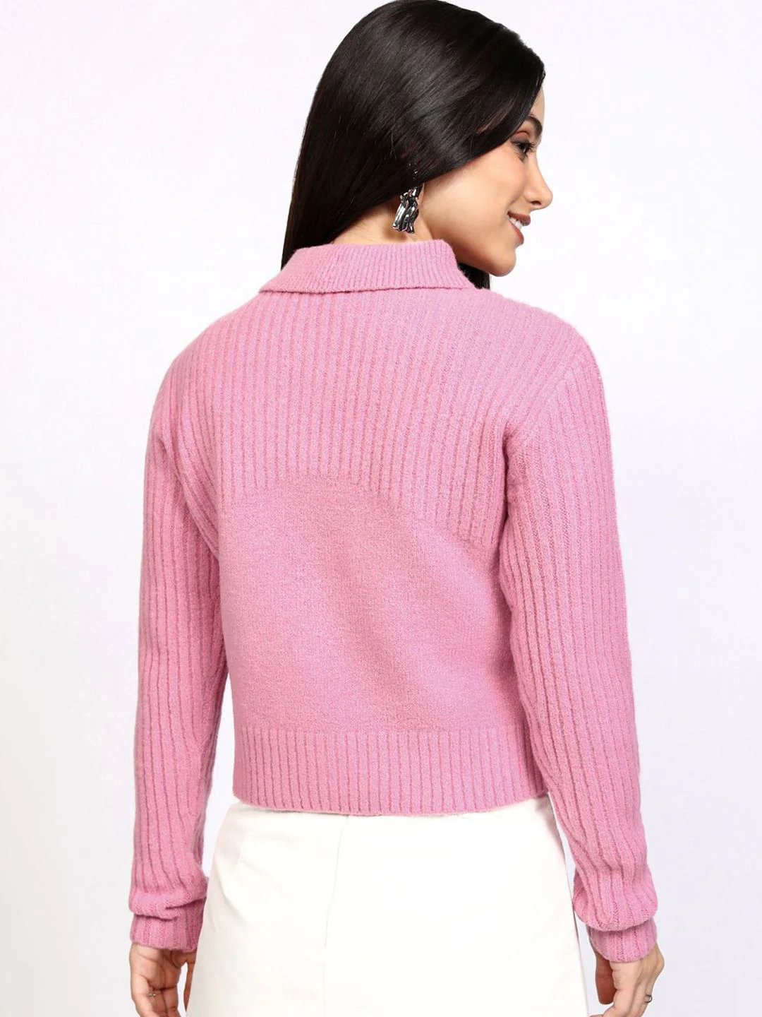 Tokyo Talkies Women Shirt Collar Cable Knit Cardigan with Zip Detail - Image 4