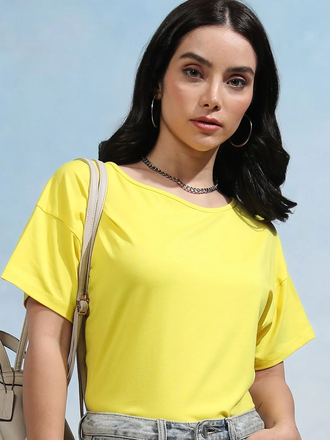 Tokyo Talkies Women Solid Boat Neck Cotton T-shirt - Image 2