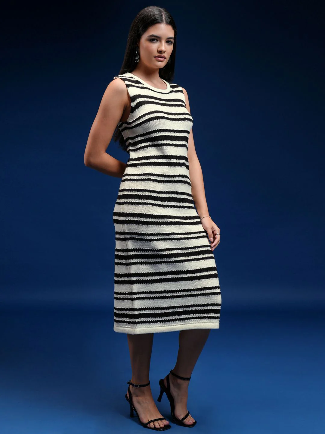 Tokyo Talkies Women Striped Round Neck Sleeveless Midi Sheath Dress - Image 3