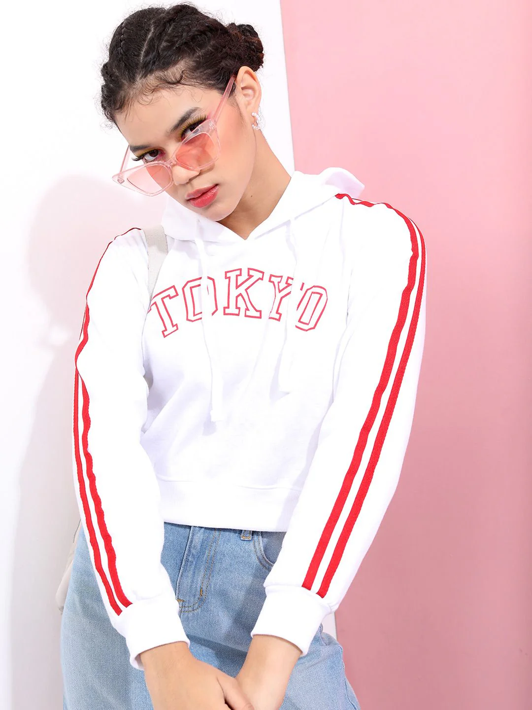 Tokyo Talkies Women White Printed Hooded Sweatshirt
