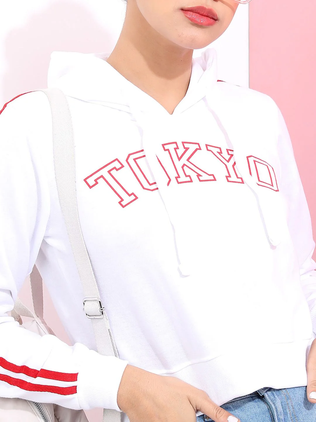 Tokyo Talkies Women White Printed Hooded Sweatshirt - Image 4