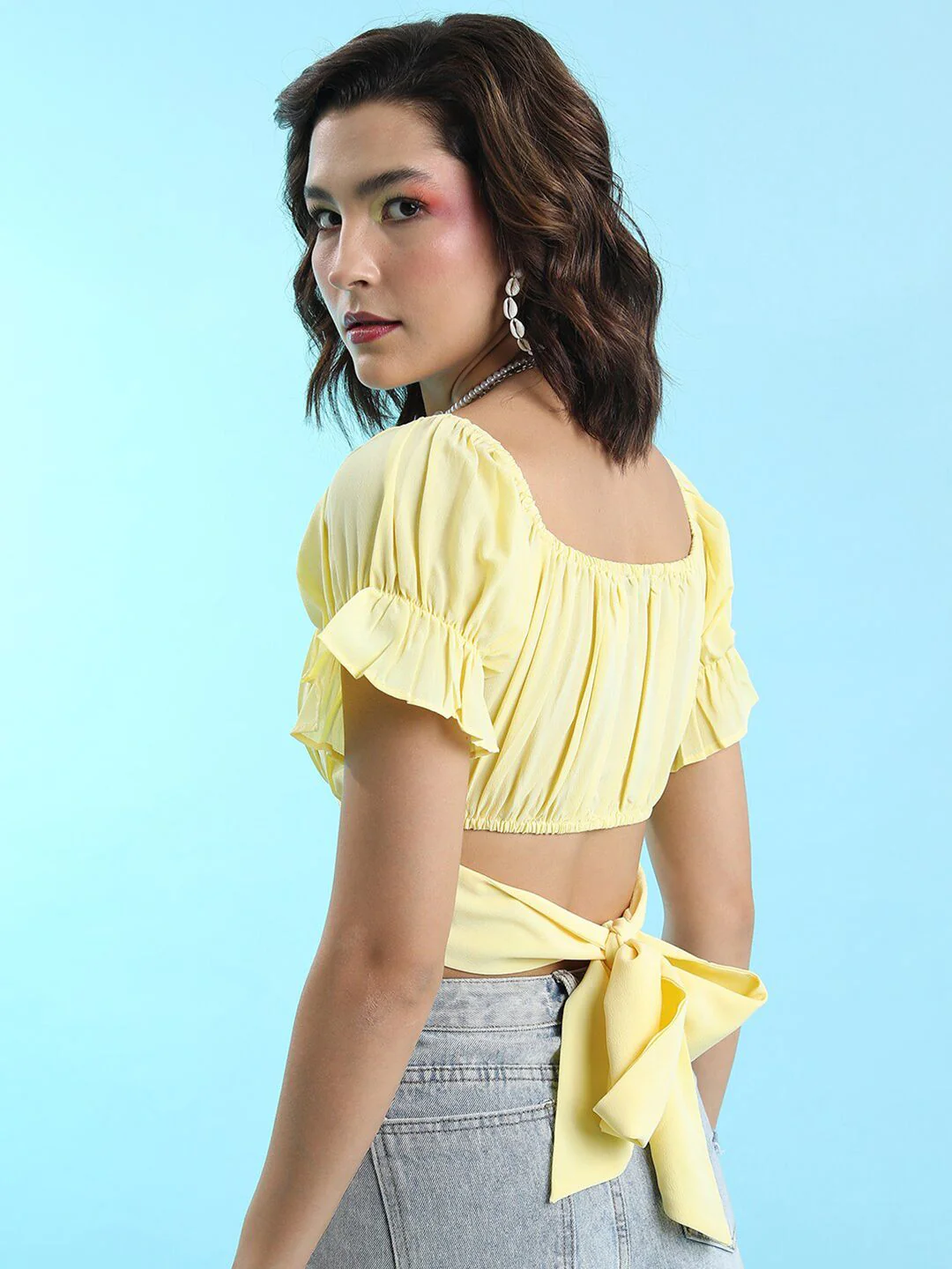 Tokyo Talkies Yellow Puff Sleeves Styled Back Crop Top - Image 4