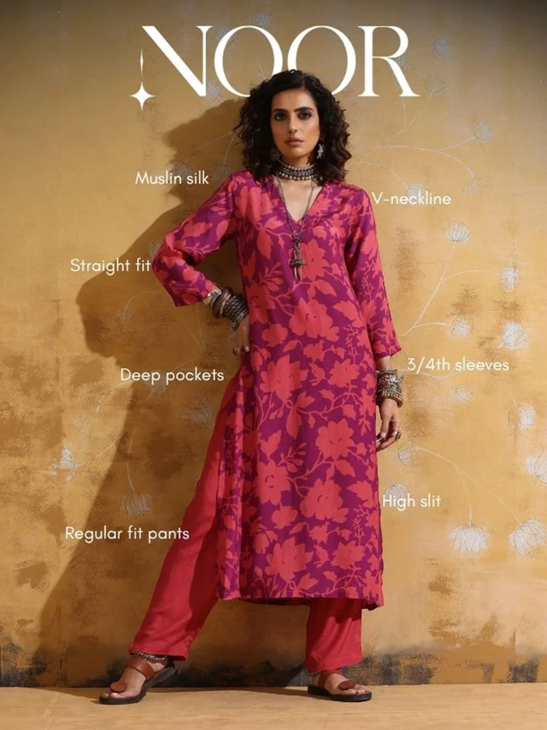 trueBrowns Floral Printed V-Neck High-Slit Muslin Silk Kurta With Trouser - Image 7