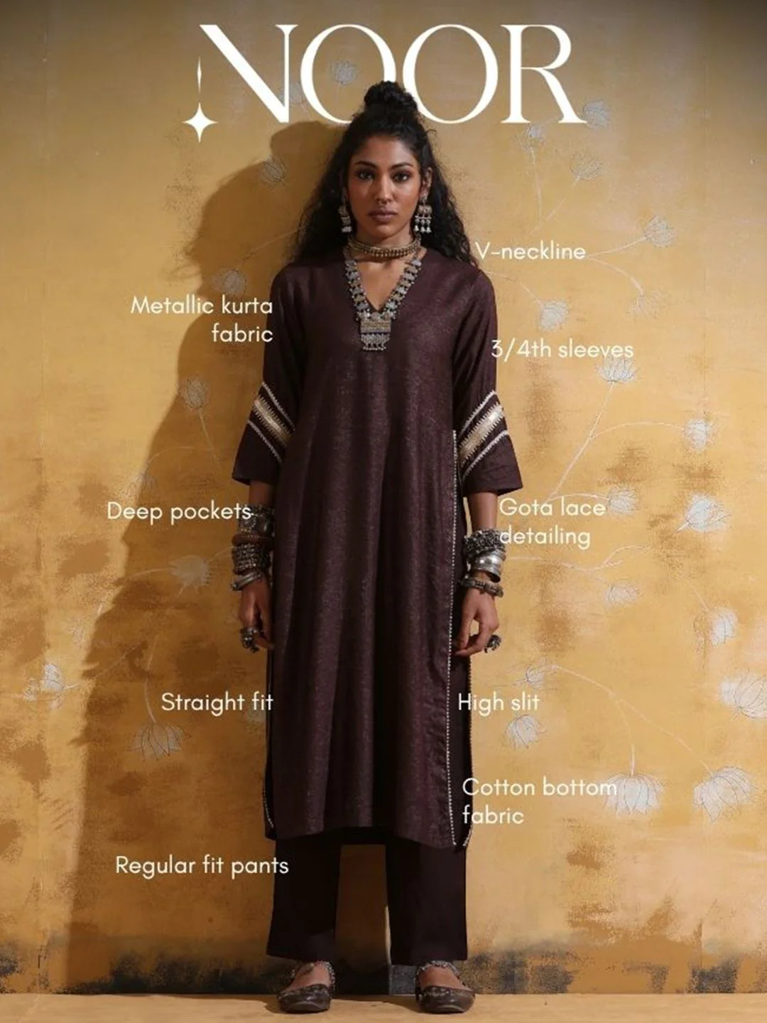 trueBrowns V-Neck High-Slit Gotta Patti Straight Kurta With Trouser - Image 7