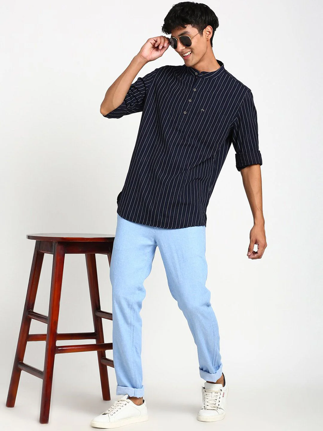 Turtle Striped Mandarin Collar Pure Cotton Kurta - Image 6