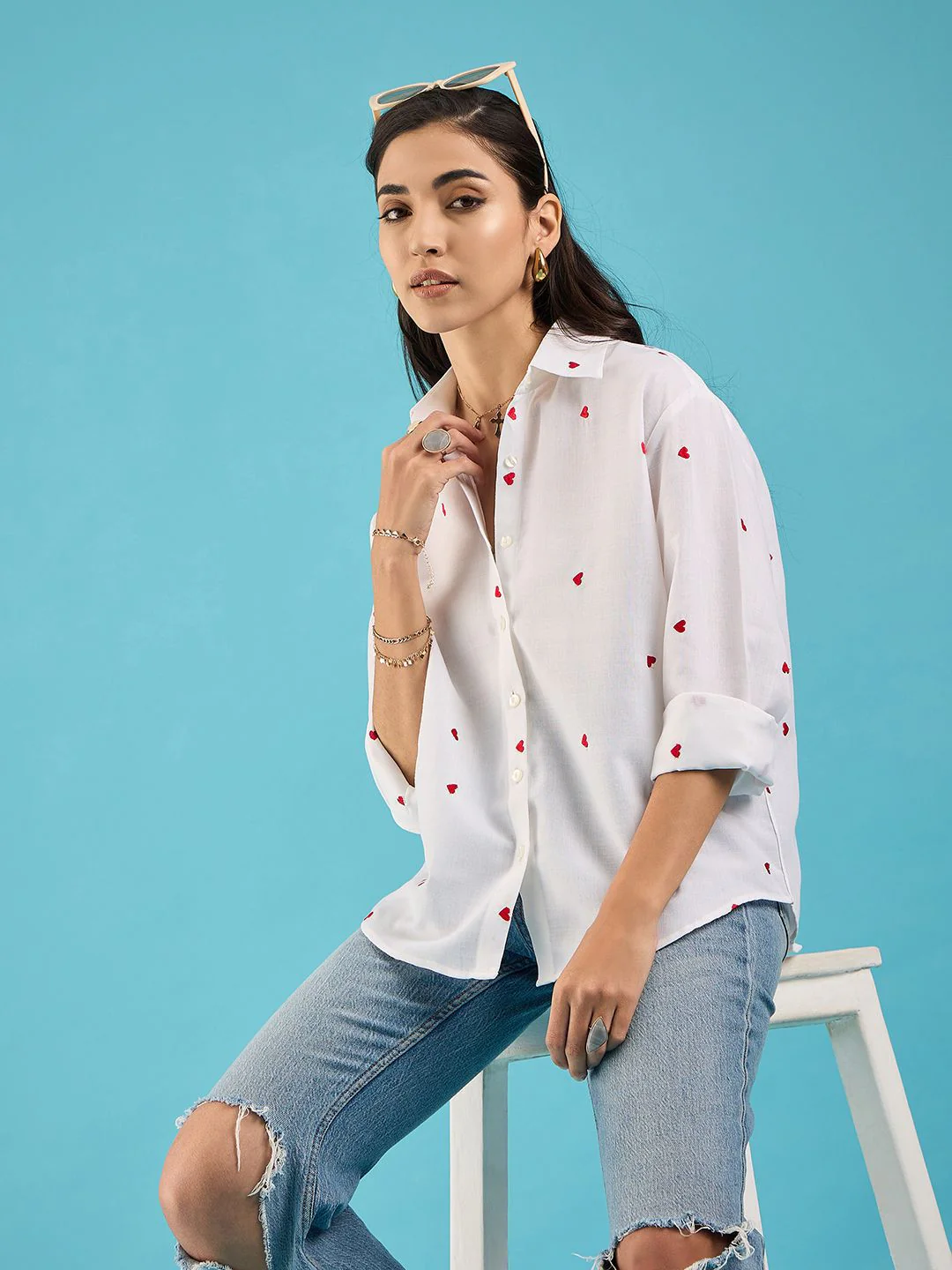 Uptownie Embroidered Cotton Shirt with Hearts