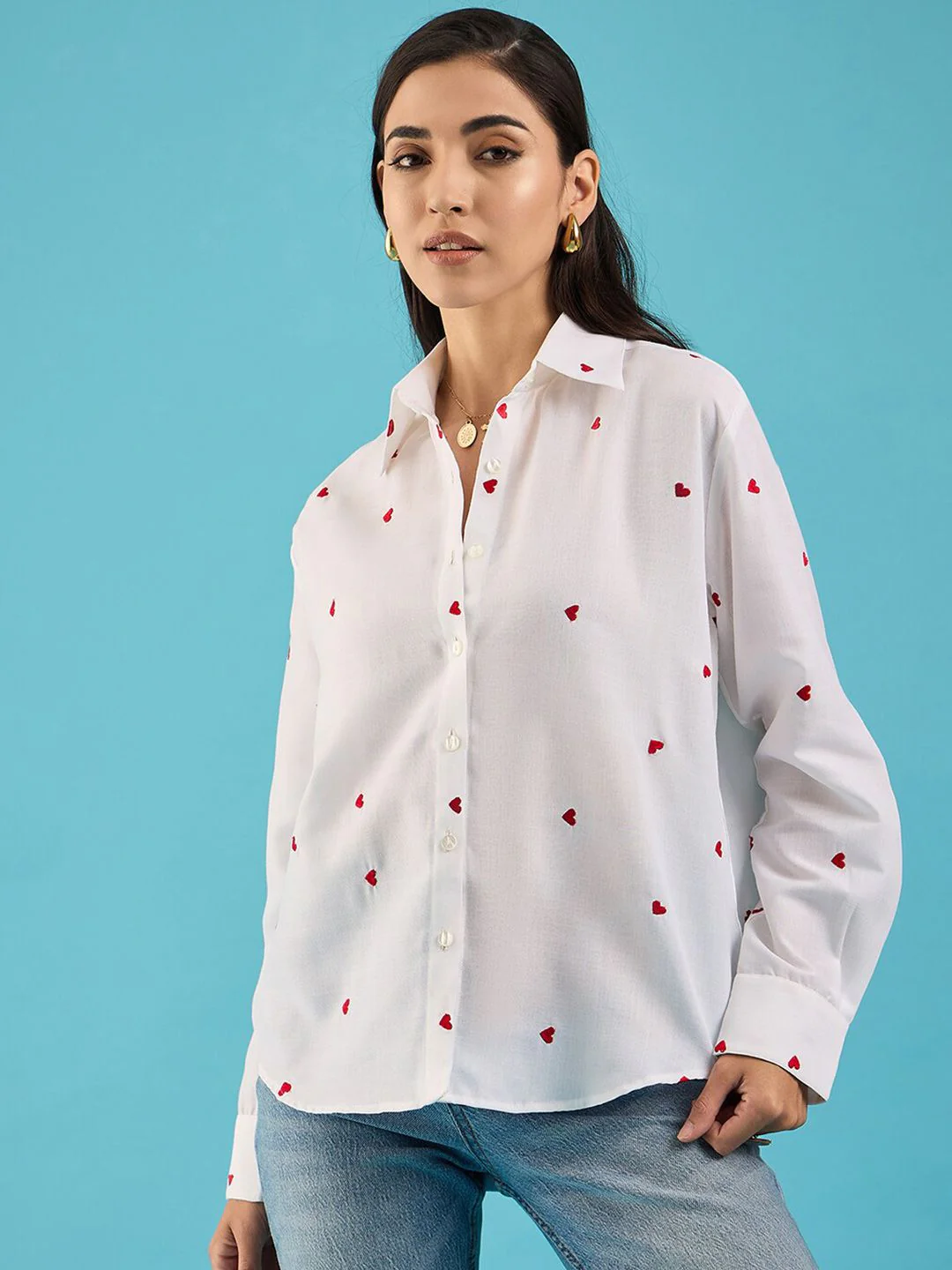 Uptownie Embroidered Cotton Shirt with Hearts - Image 2