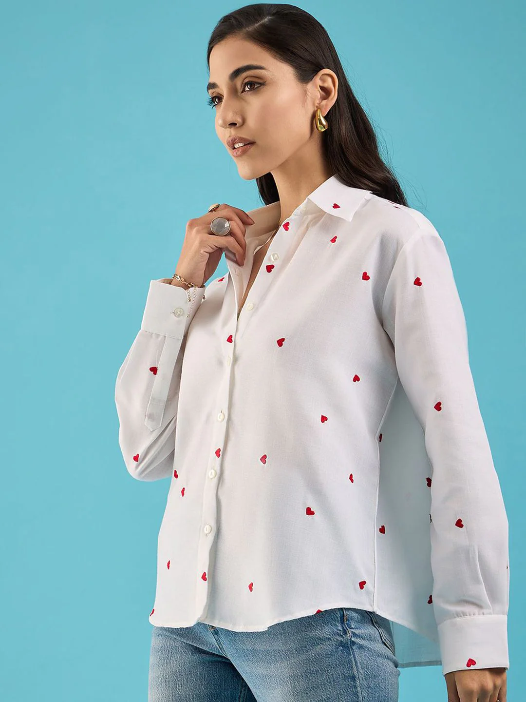 Uptownie Embroidered Cotton Shirt with Hearts - Image 4
