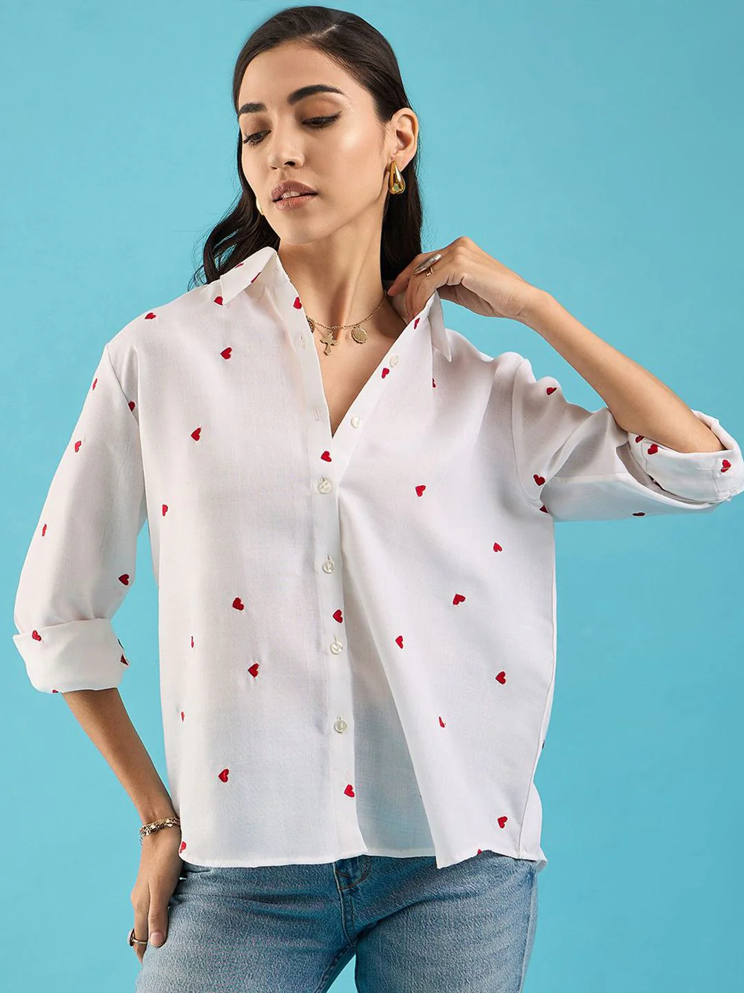Uptownie Embroidered Cotton Shirt with Hearts - Image 5