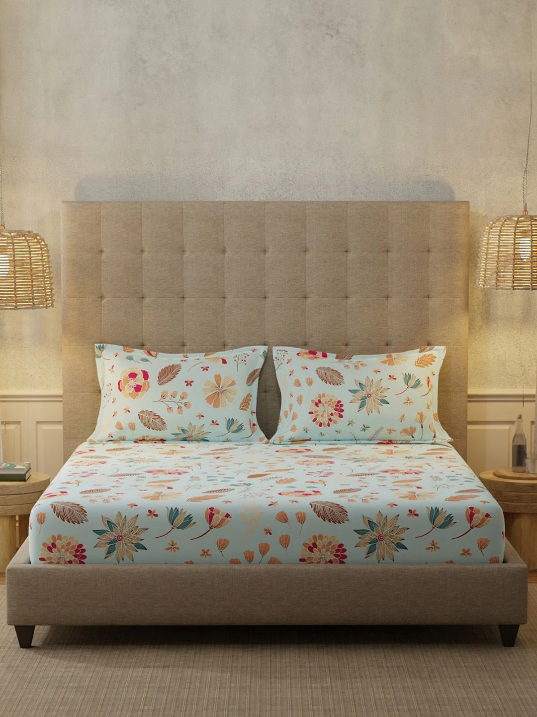 URBAN SPACE Florence Sky Blue 200 TC Floral King Fitted Bedsheet - Image 2
