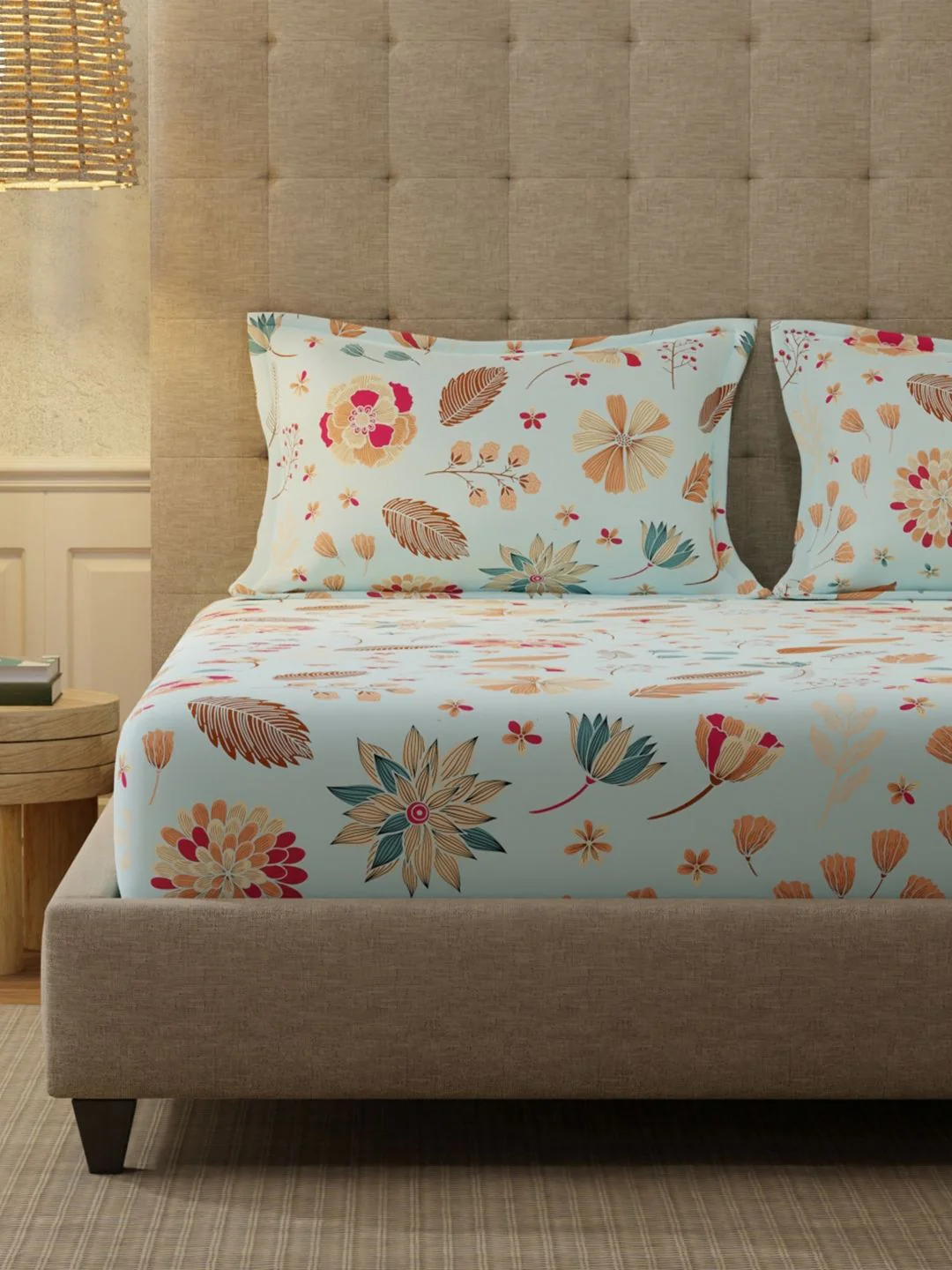 URBAN SPACE Florence Sky Blue 200 TC Floral King Fitted Bedsheet - Image 3