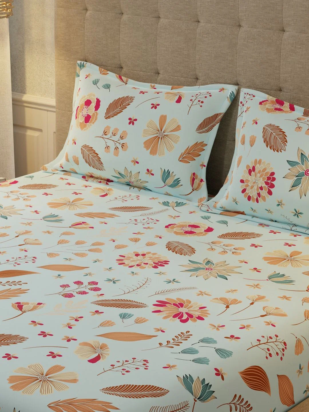URBAN SPACE Florence Sky Blue 200 TC Floral King Fitted Bedsheet - Image 4