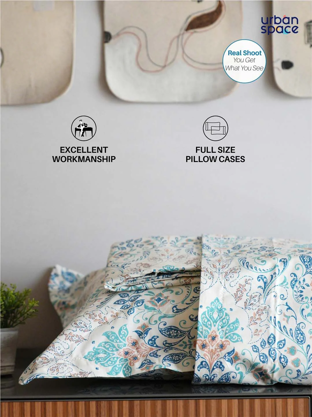 URBAN SPACE Mughal Garden White & Blue Pure Cotton 200 TC Queen Bedsheet & 2 Pillow Covers - Image 4