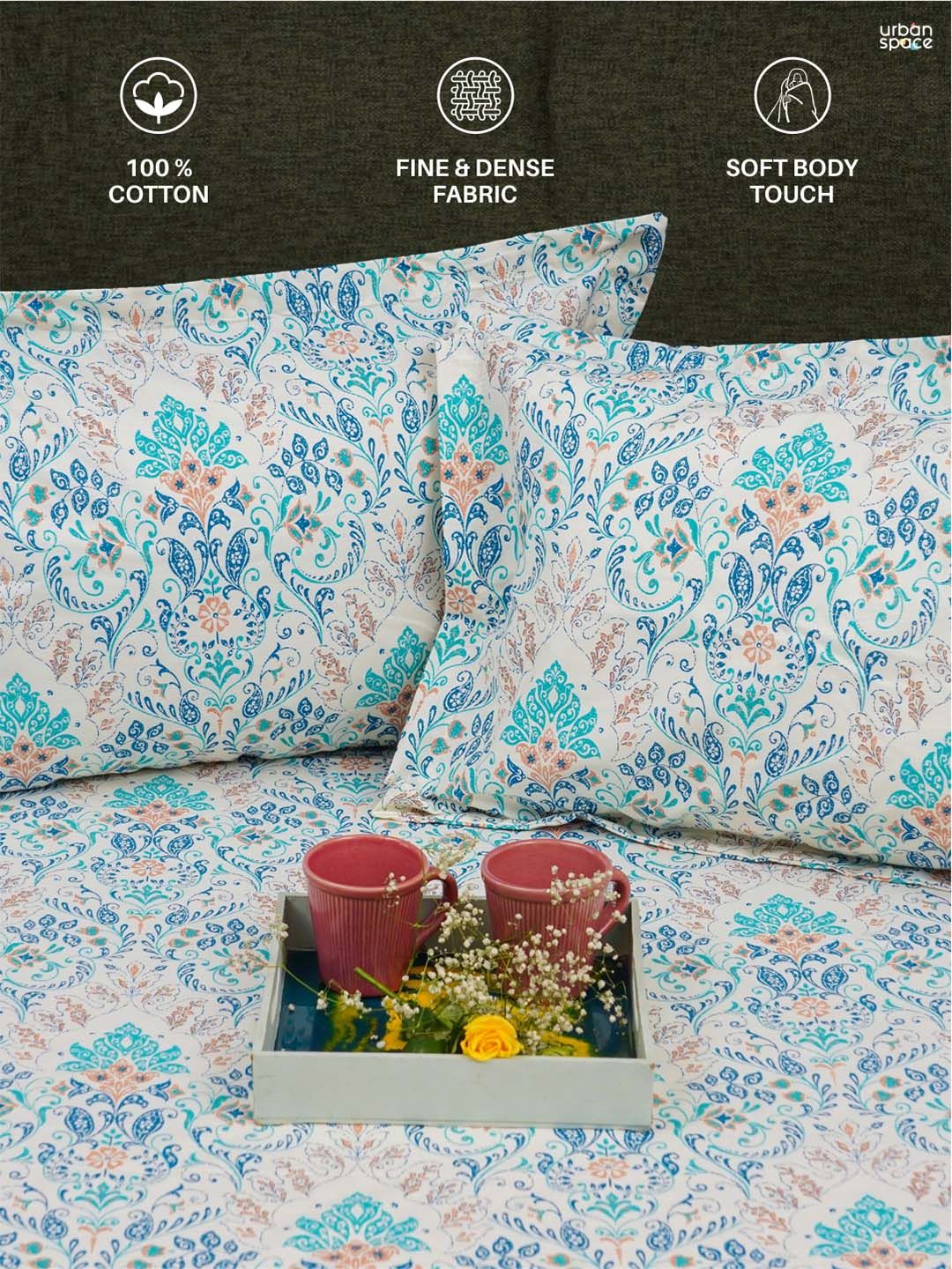 URBAN SPACE Mughal Garden White & Blue Pure Cotton 200 TC Queen Bedsheet & 2 Pillow Covers - Image 5