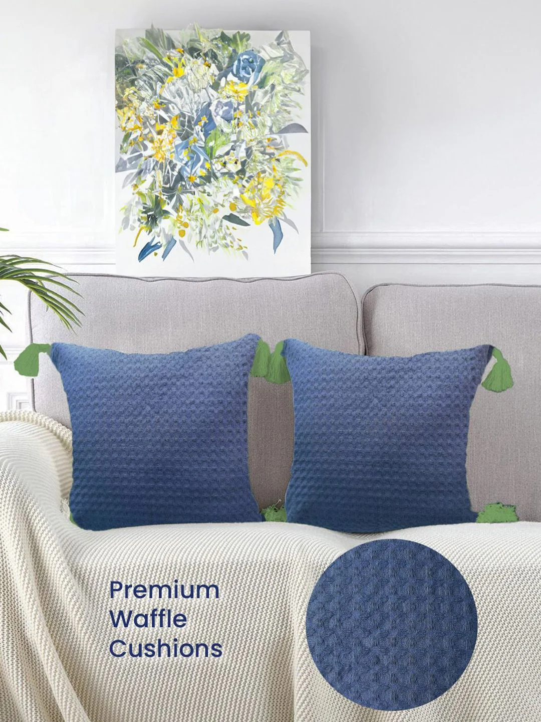 URBAN SPACE Navy Blue & Green 2 Pieces Checked Pure Cotton Square Cushion Covers - Image 3