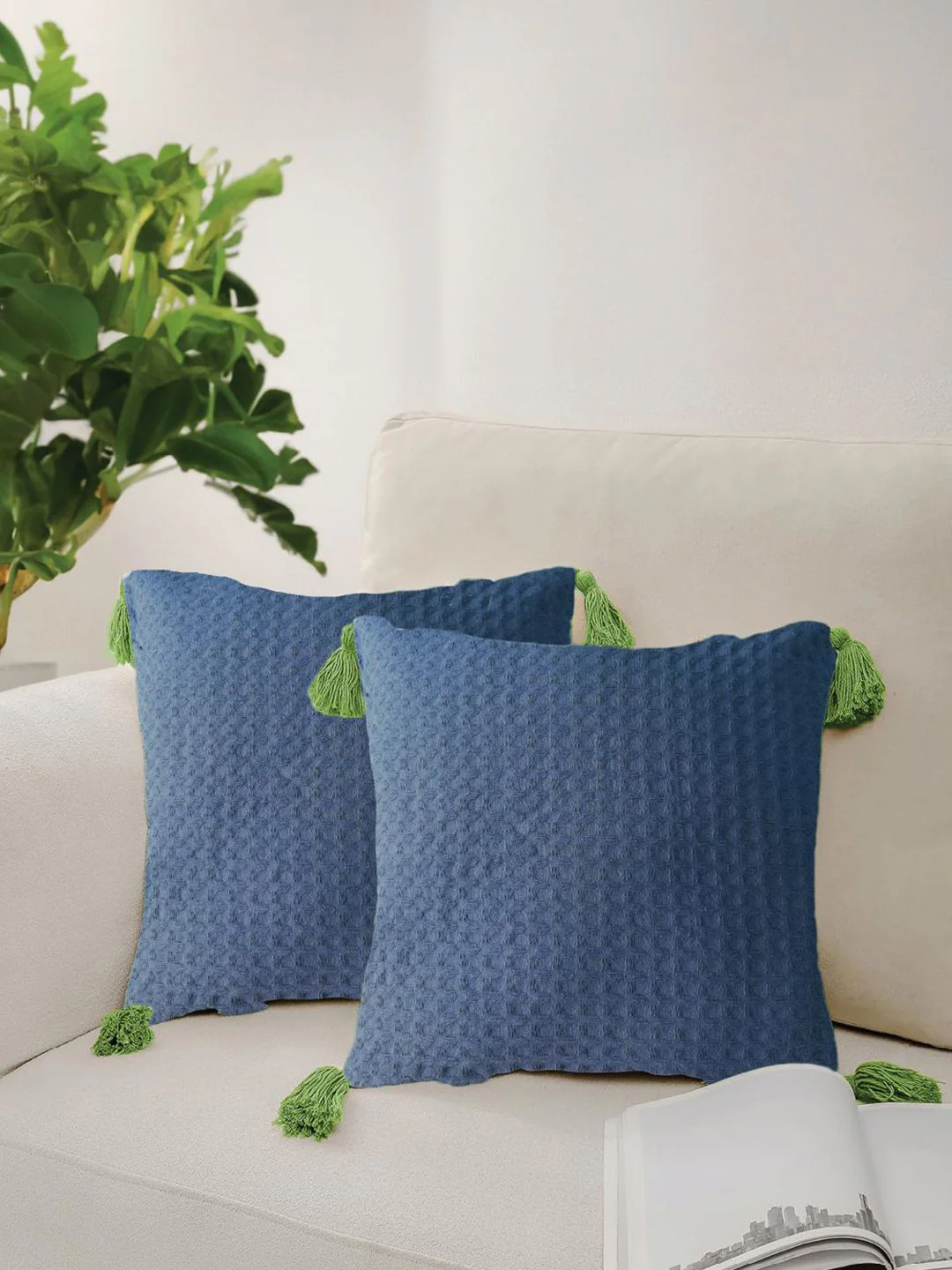 URBAN SPACE Navy Blue & Green 2 Pieces Checked Pure Cotton Square Cushion Covers - Image 6