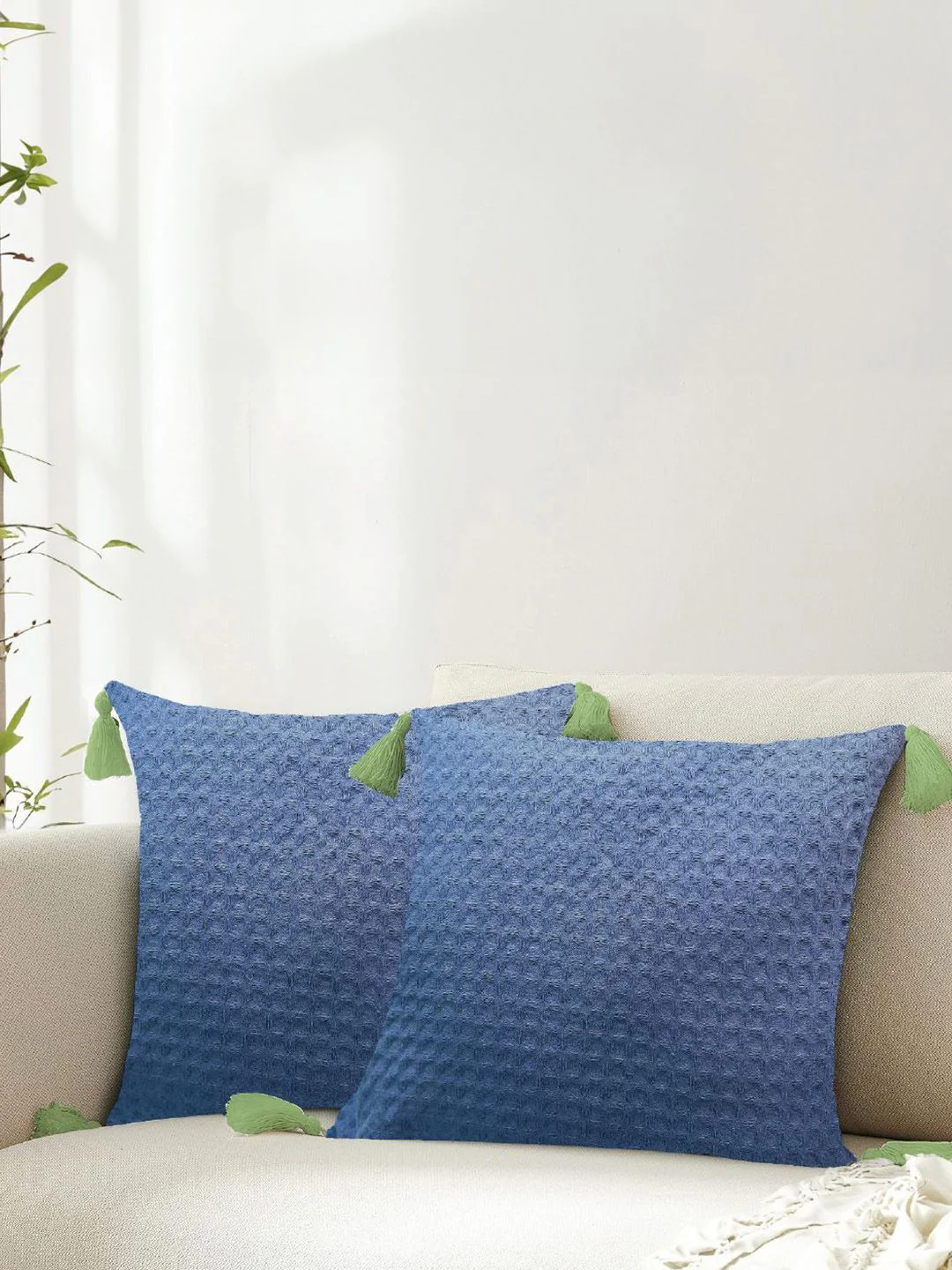 URBAN SPACE Navy Blue & Green 2 Pieces Checked Pure Cotton Square Cushion Covers - Image 7