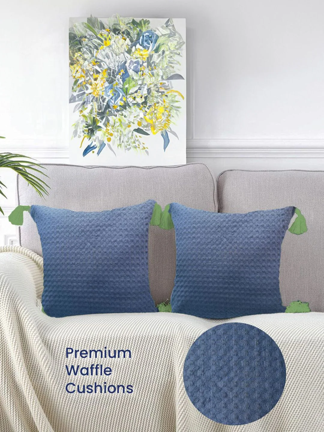 URBAN SPACE Navy Blue & Green 2 Pieces Checked Pure Cotton Square Cushion Covers - Image 8