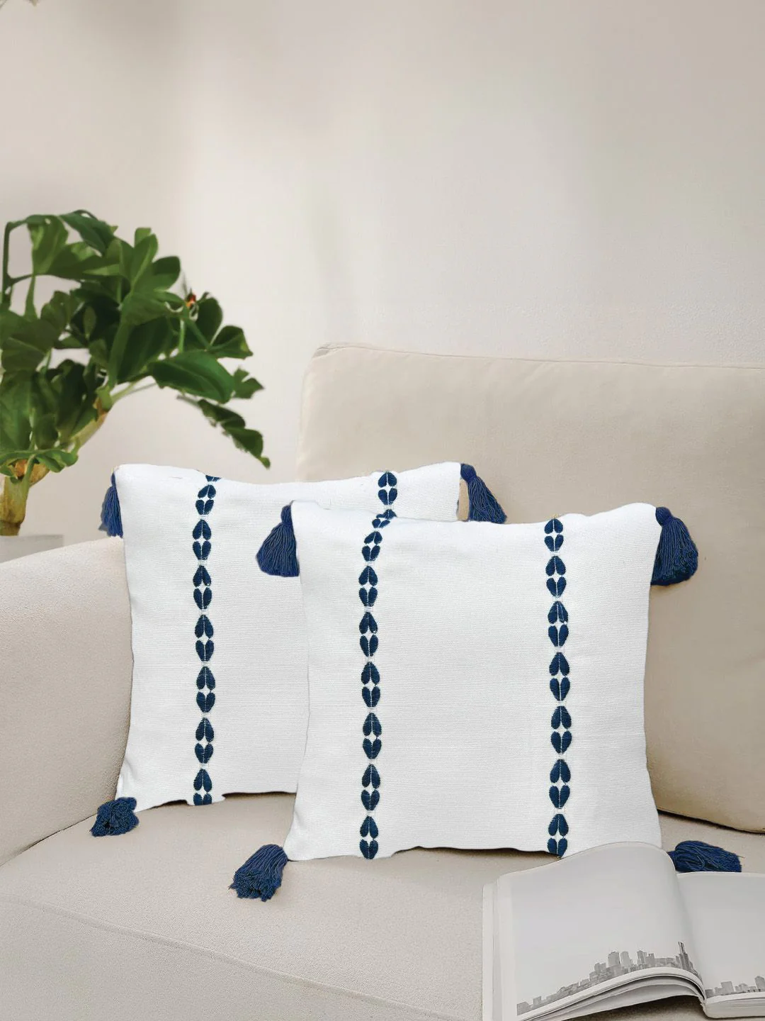 URBAN SPACE Navy Blue & White 2 Pieces Embroidered Pure Cotton Square Cushion Covers - Image 3