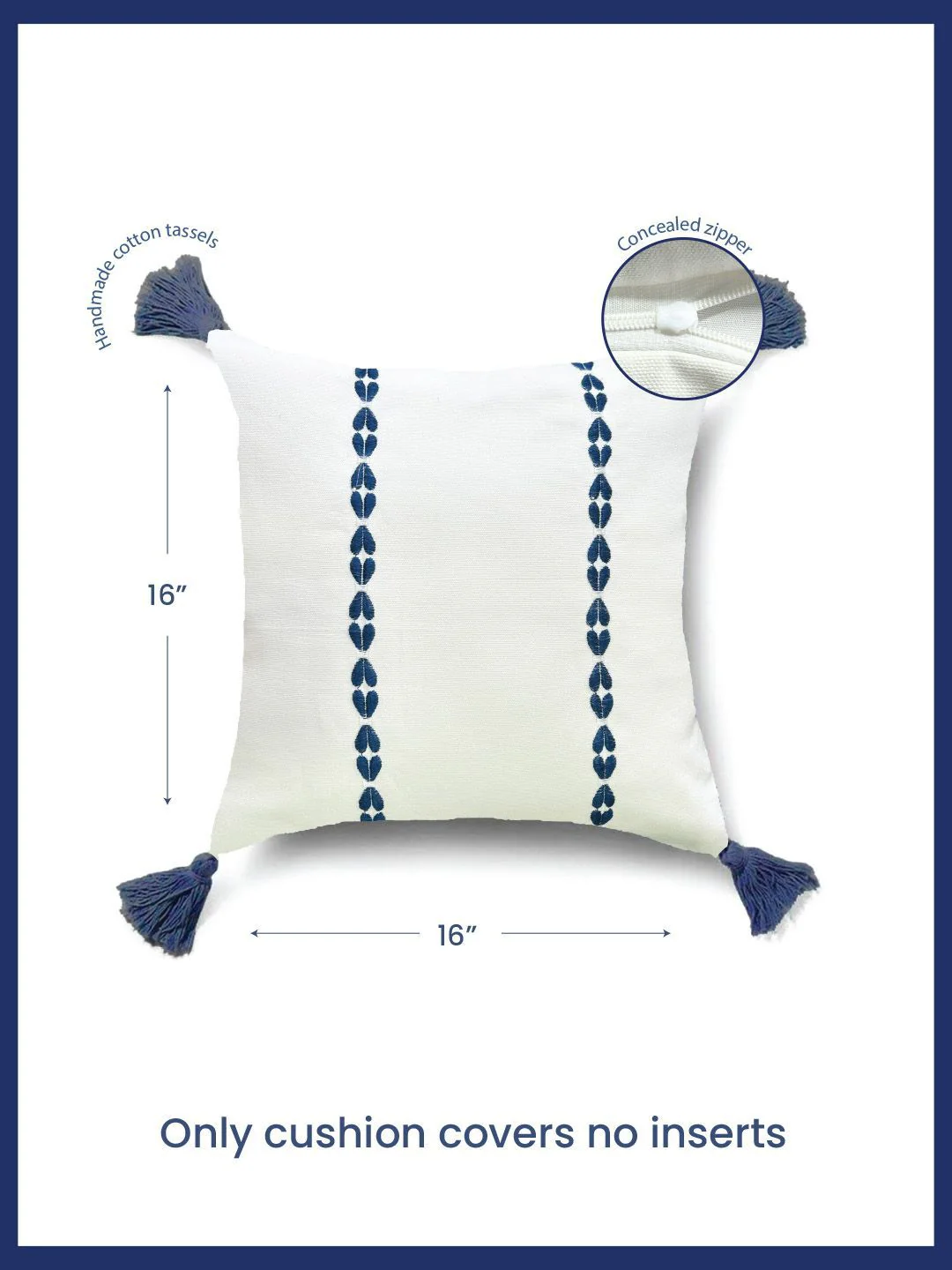 URBAN SPACE Navy Blue & White 2 Pieces Embroidered Pure Cotton Square Cushion Covers - Image 4