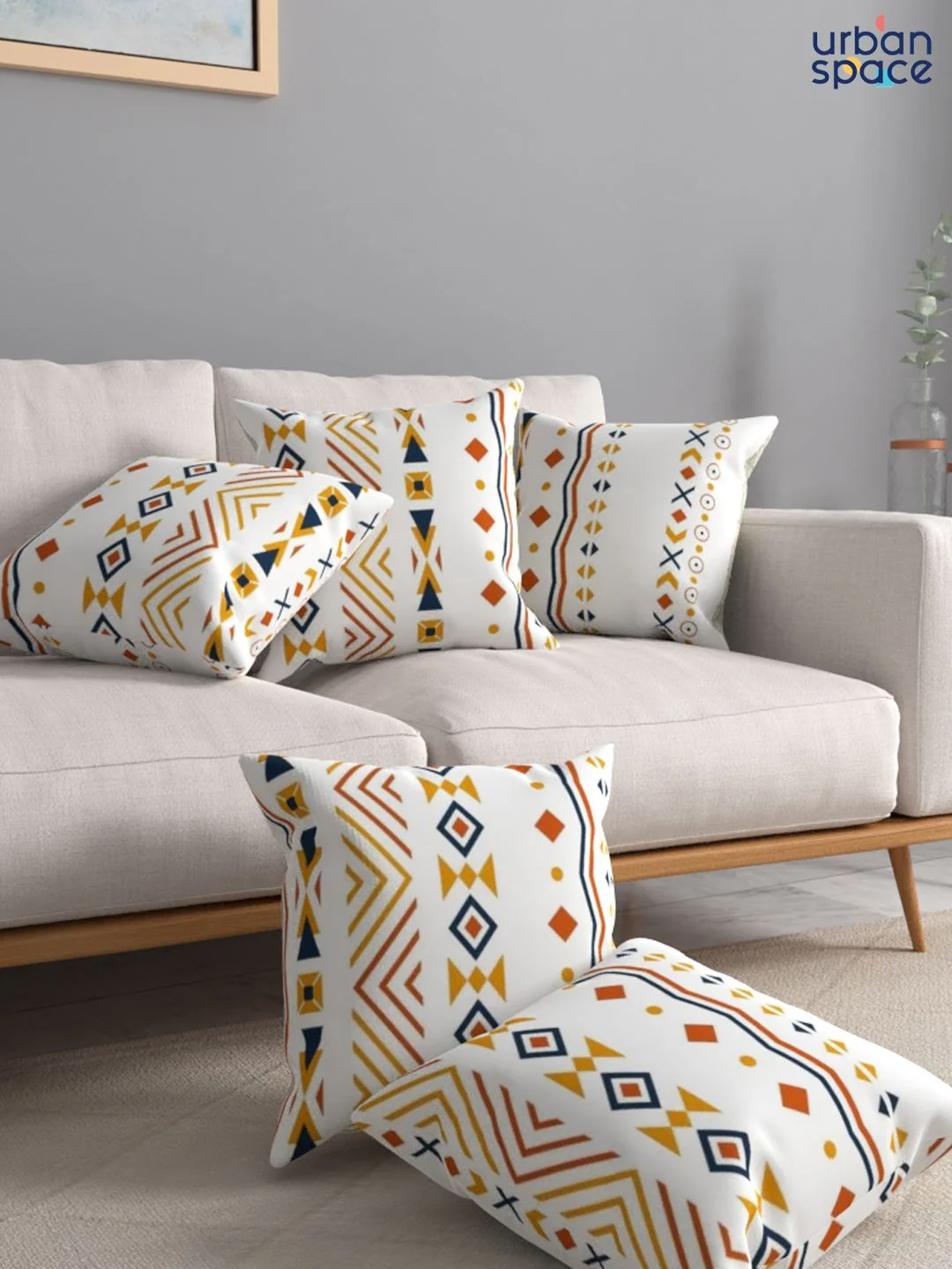URBAN SPACE Orange & Off White Pack of 3 Printed Square Cushion Covers - Image 4