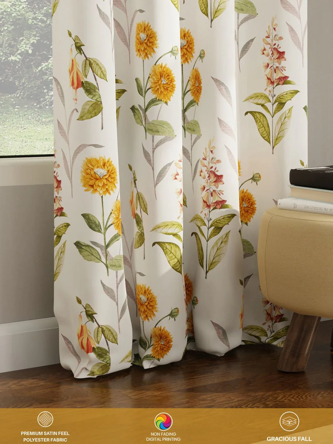 URBAN SPACE Pack of 2 White & Yellow Floral Printed Room Darkening Long Door Curtain - Image 3