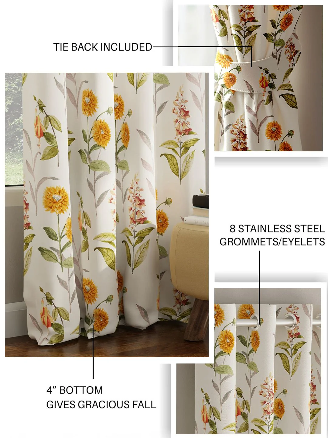 URBAN SPACE Pack of 2 White & Yellow Floral Printed Room Darkening Long Door Curtain - Image 4