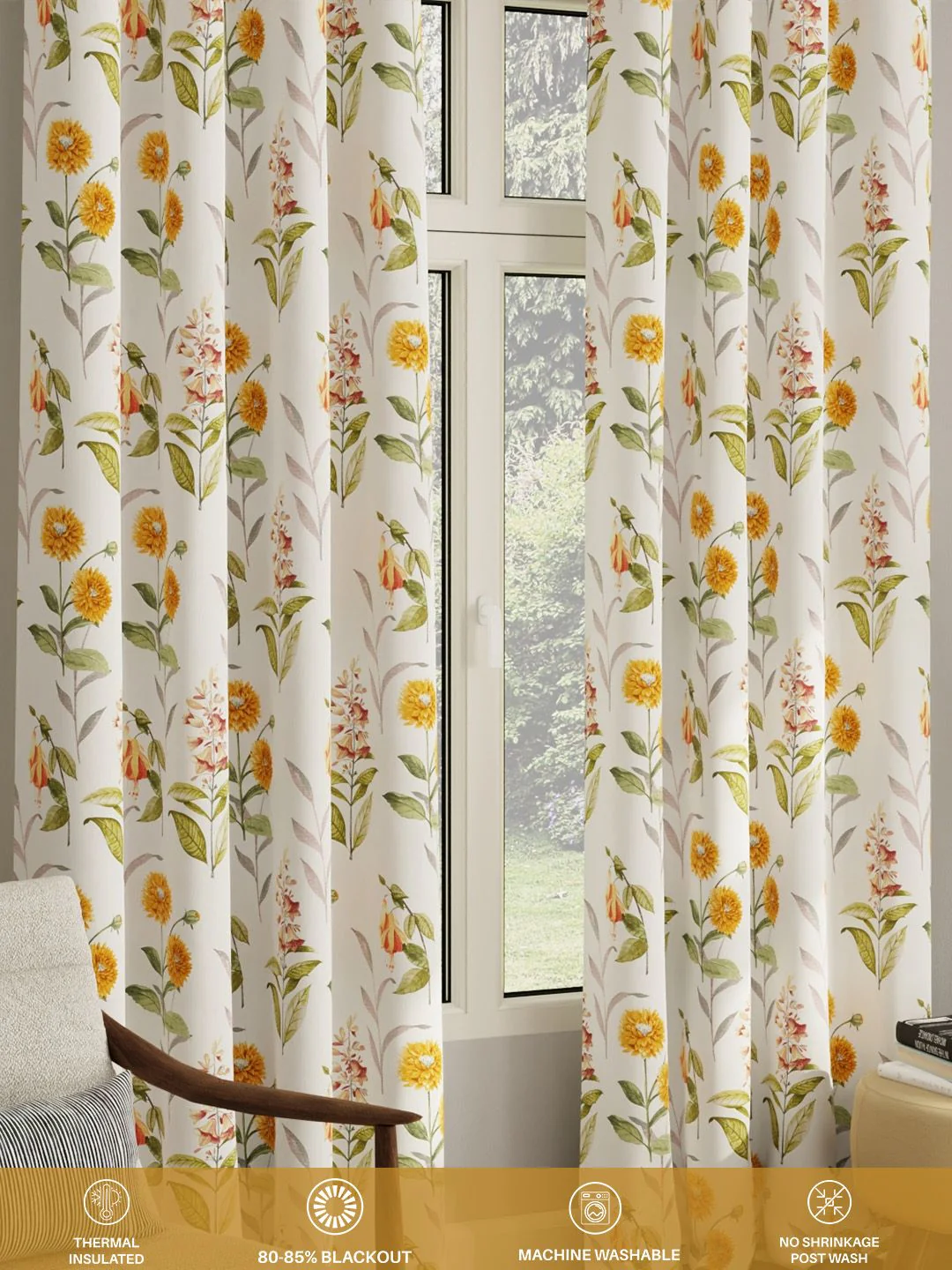URBAN SPACE Pack of 2 White & Yellow Floral Printed Room Darkening Long Door Curtain - Image 5