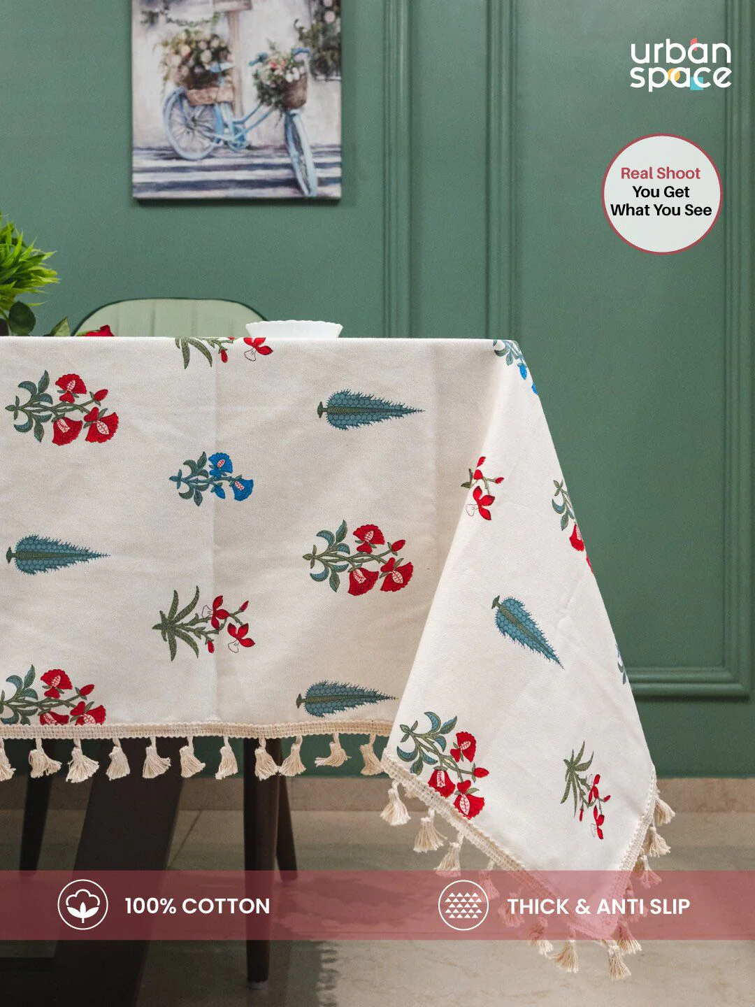 URBAN SPACE Red & White Floral Printed Pure Cotton 6-Seater Table Cover - Image 4