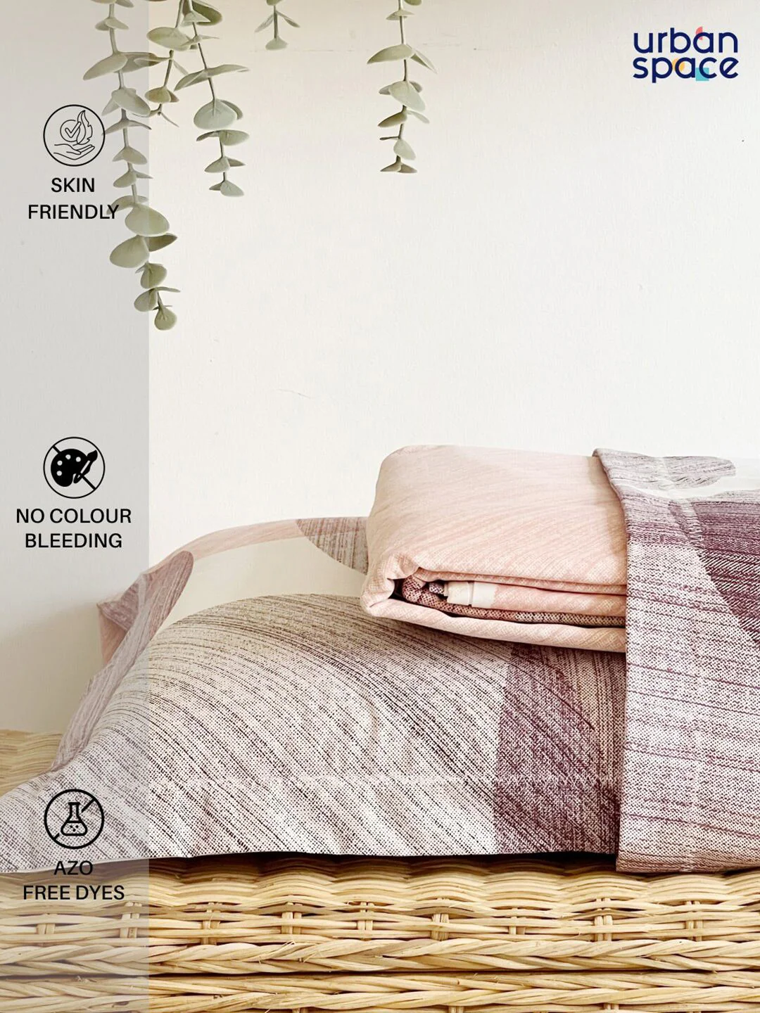 URBAN SPACE Serene Pink & Purple Printed 200 TC Pure Cotton Queen Bedsheet & Pillow Covers - Image 4