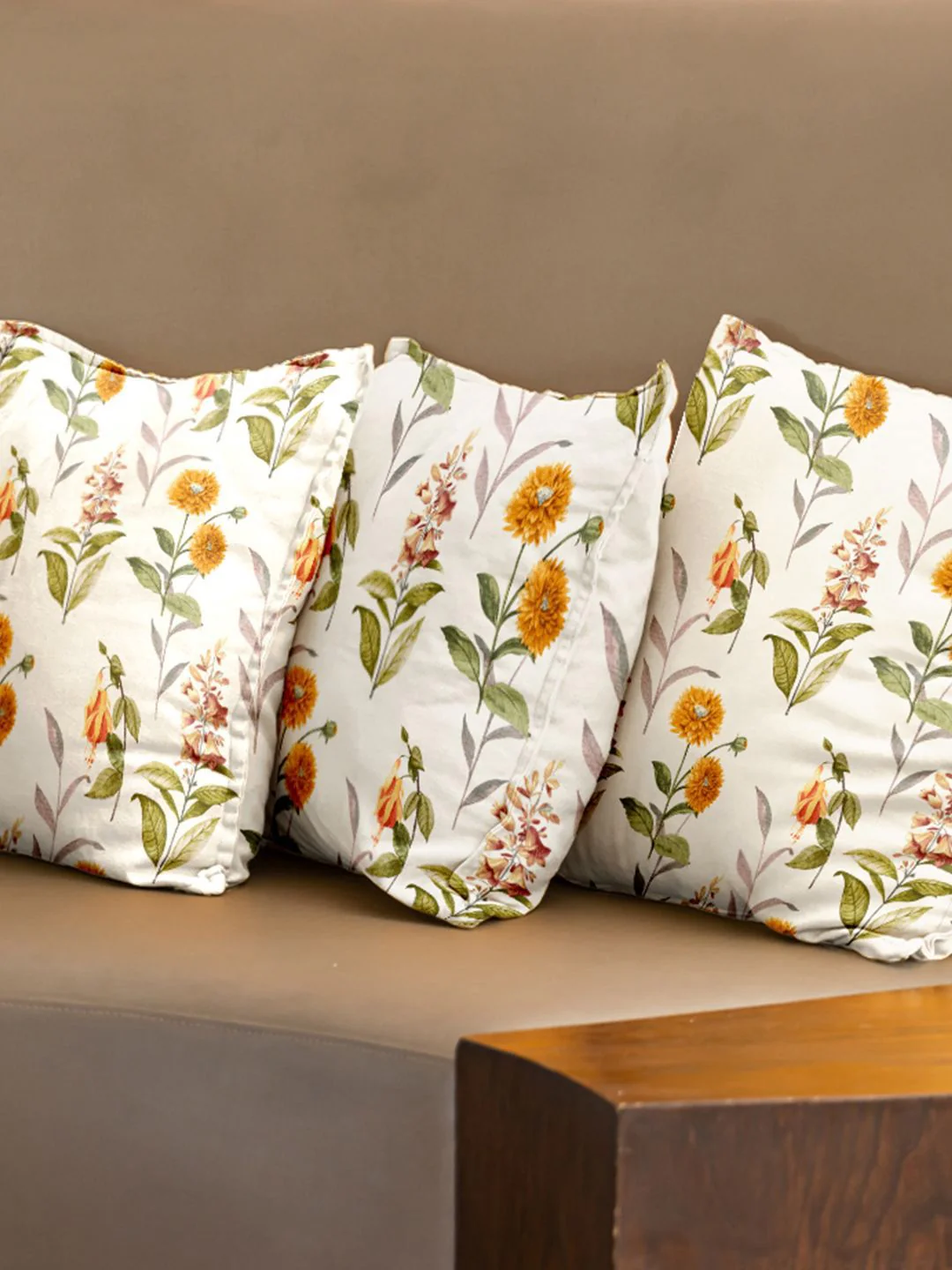 URBAN SPACE White & Yellow 3 Pieces Floral Printed Cotton Square Cushion Covers - Image 3