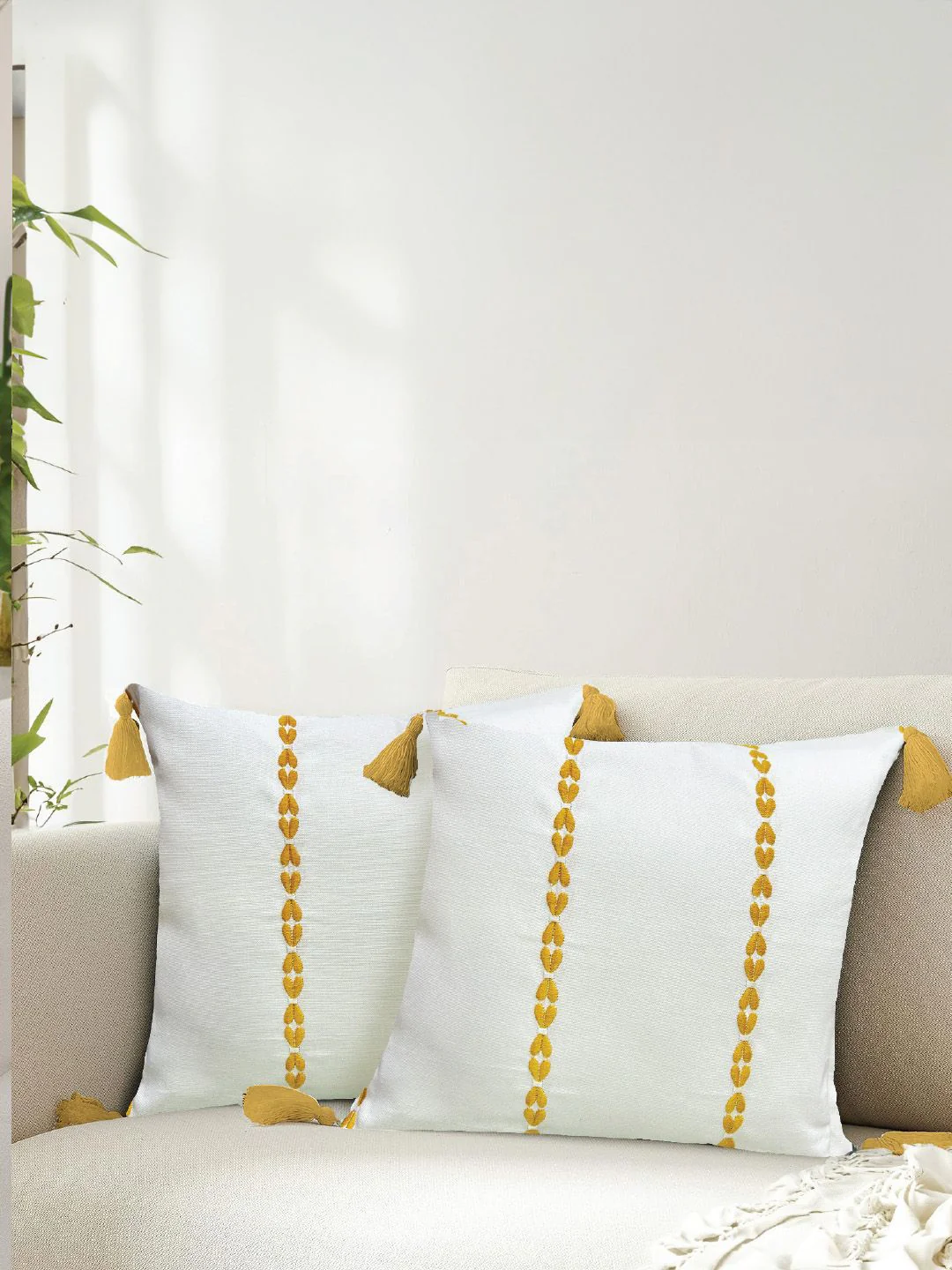URBAN SPACE Yellow & White 2 Pieces Embroidered Pure Cotton Square Cushion Covers - Image 3