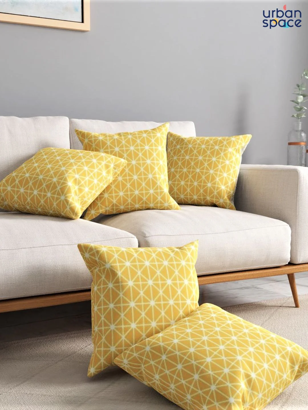 URBAN SPACE Yellow & White Pack of 3 Printed Square Cushion Covers - Image 4