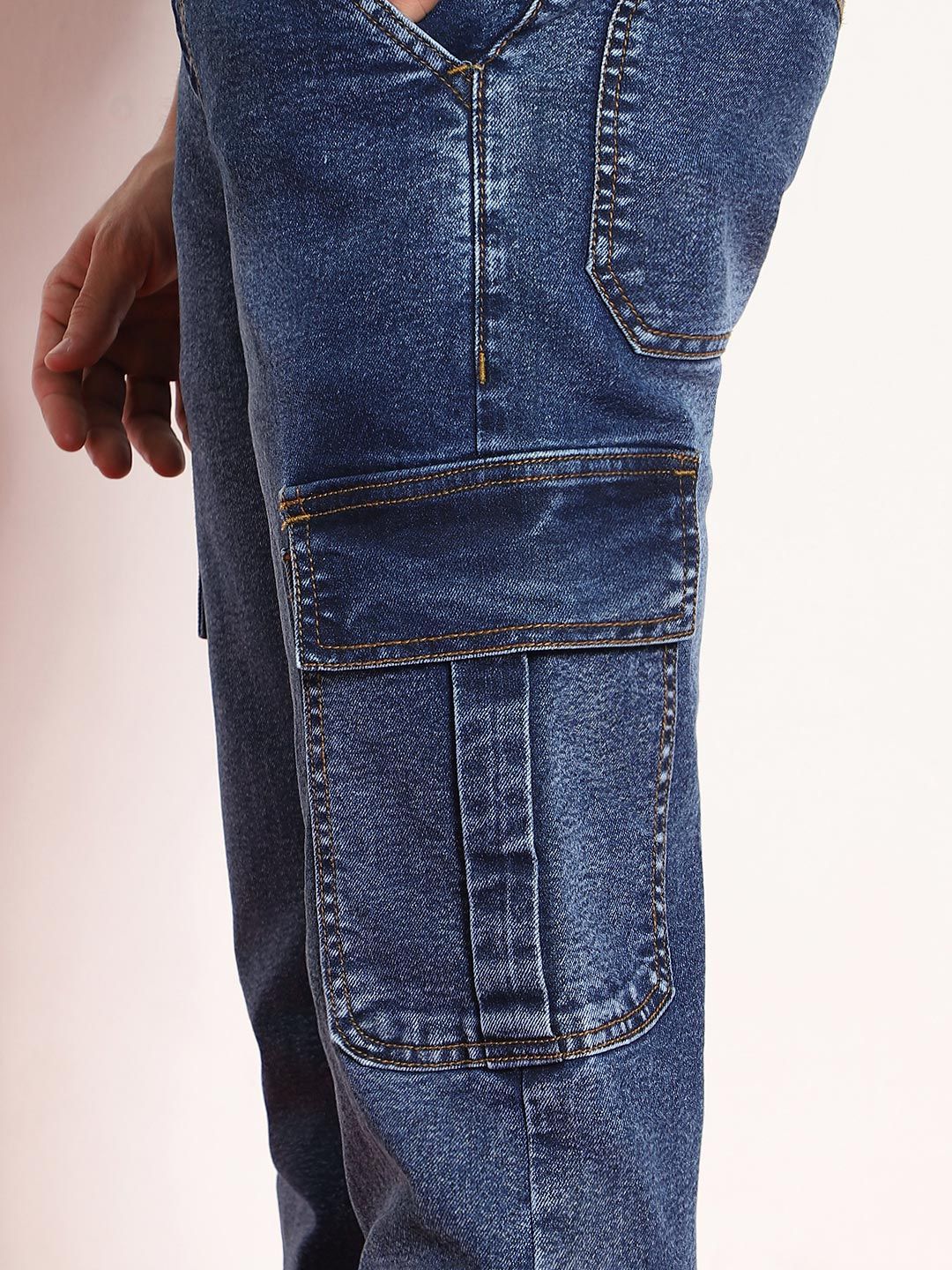 Urbano Fashion Men Blue Regular Fit Washed Cargo Jeans - Image 4