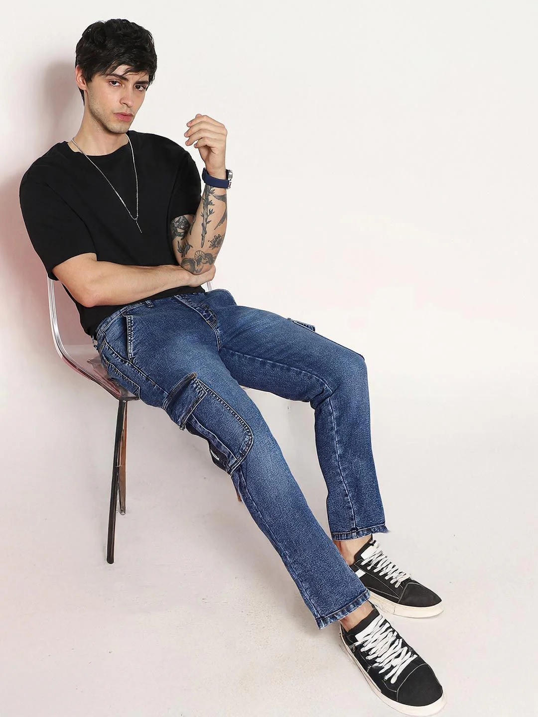 Urbano Fashion Men Blue Regular Fit Washed Cargo Jeans - Image 5