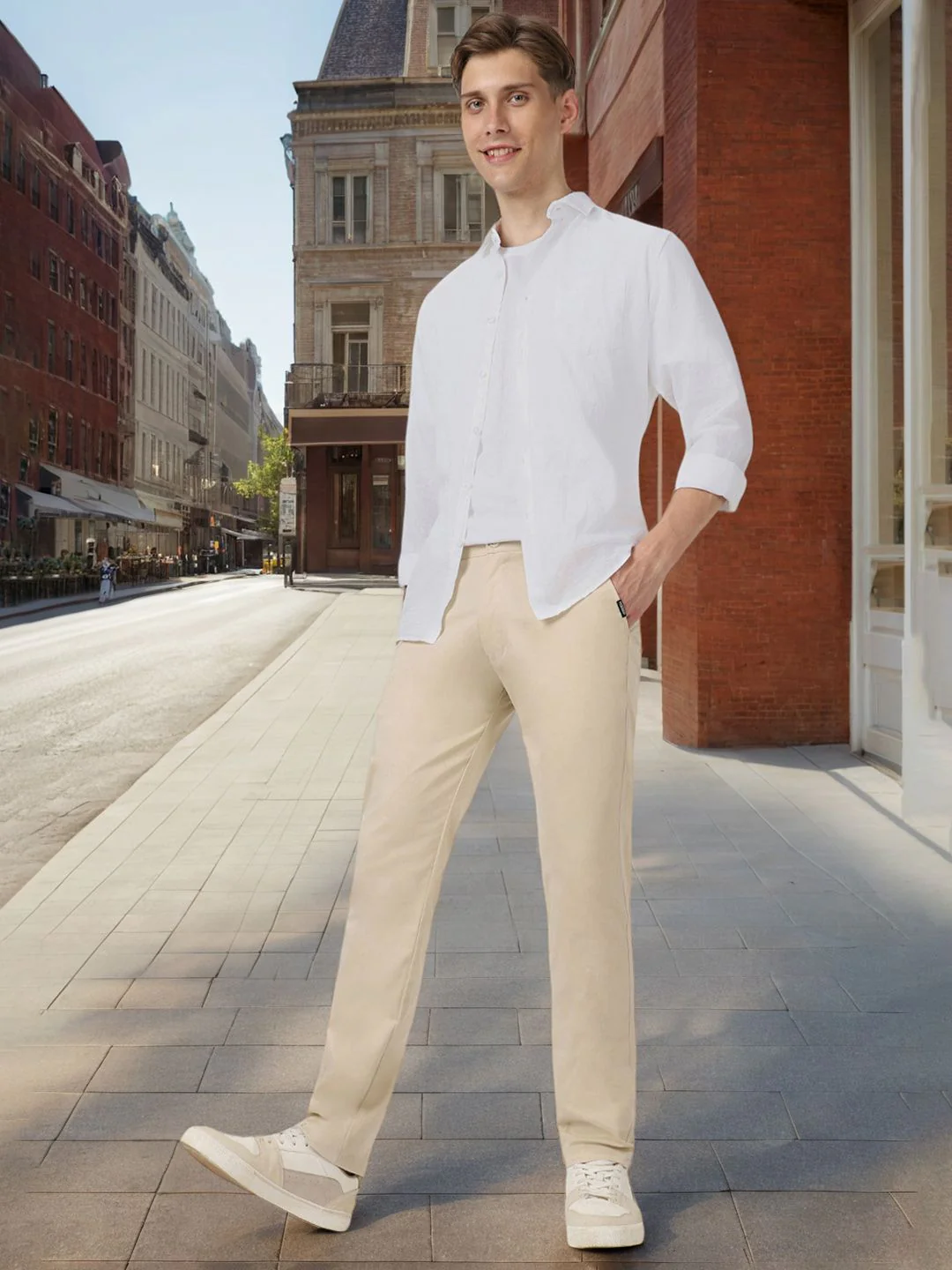 Urbano Fashion Men Cream-Coloured Slim Fit Pure Cotton Chinos - Image 6